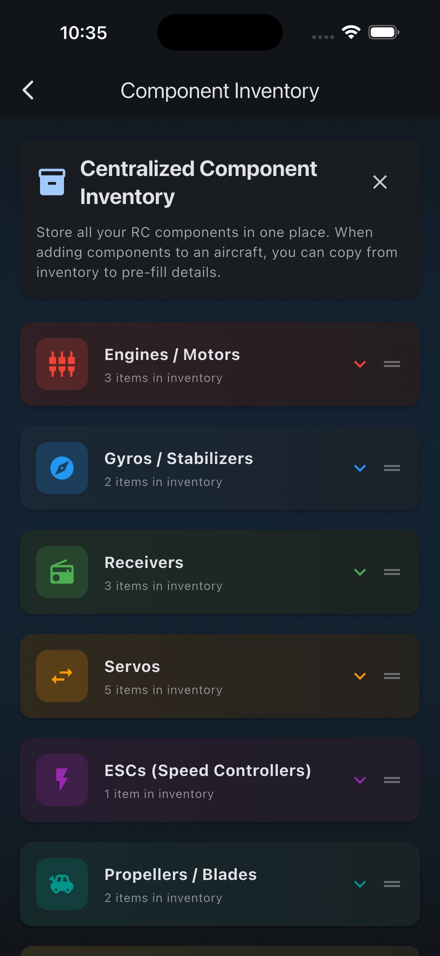 Components: inventory of motors, gyros, receivers, servos, ESCs and blades