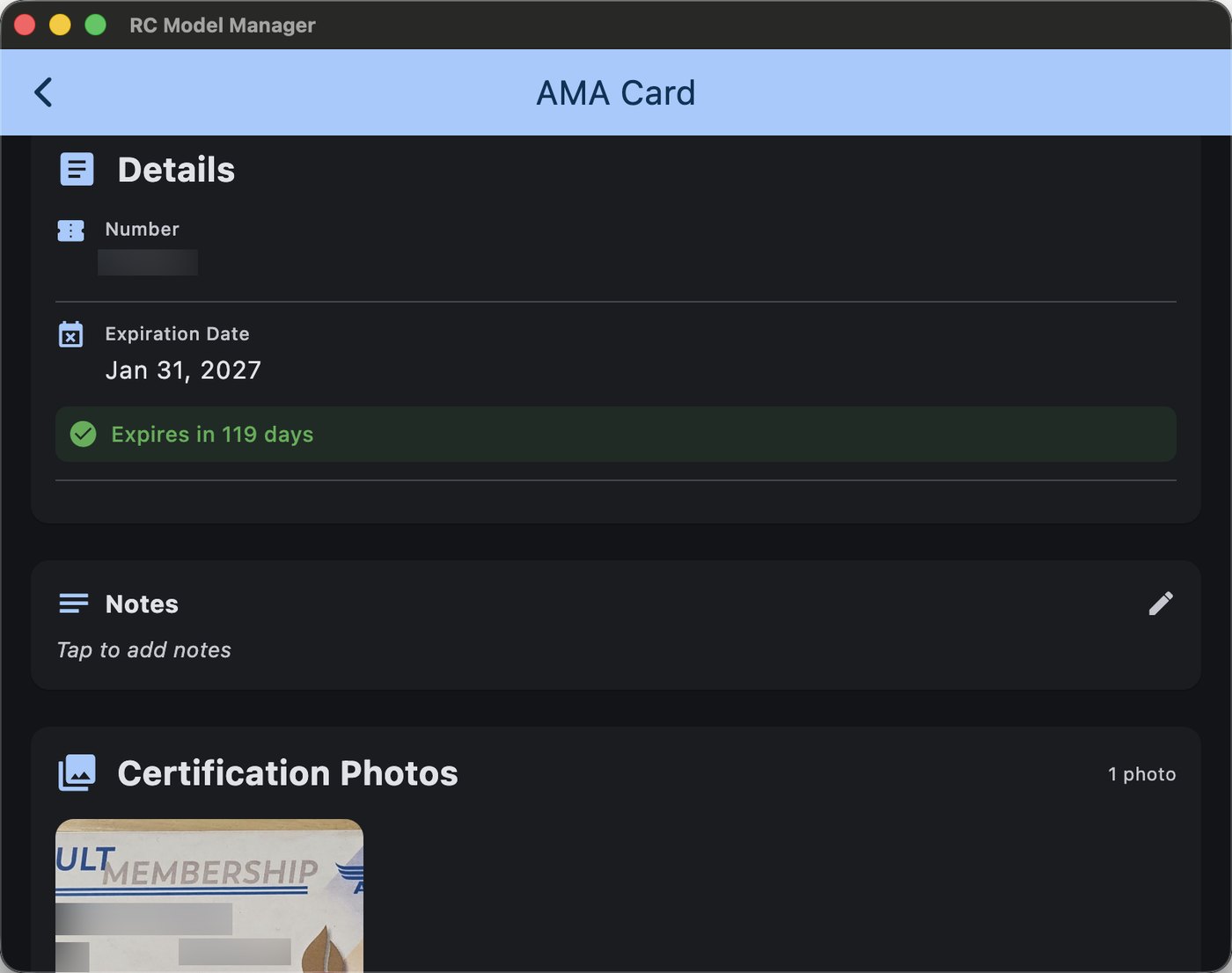 AMA membership card with number, expiration date and card photo