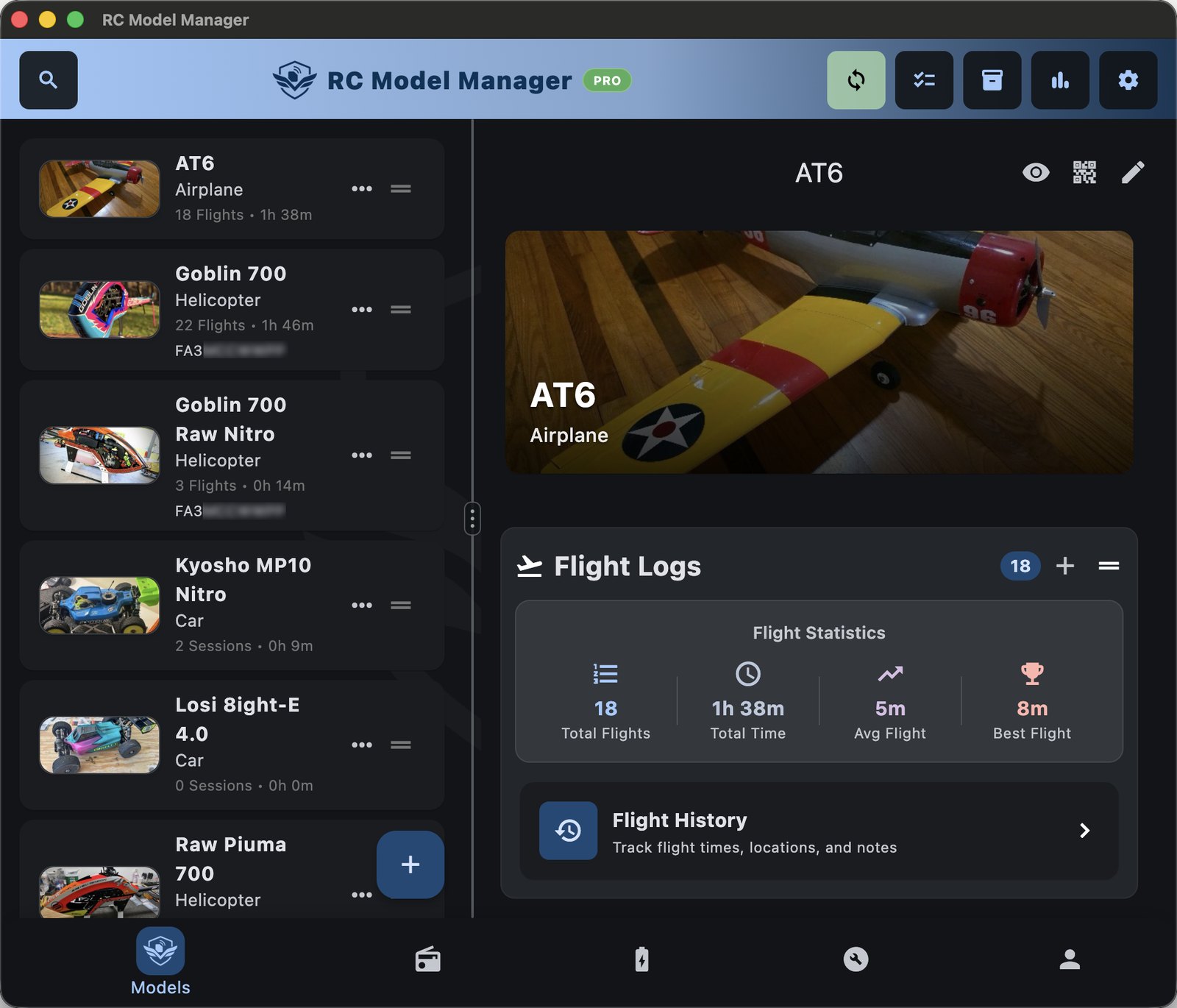 Models: fleet list with flight logs and stats for each model