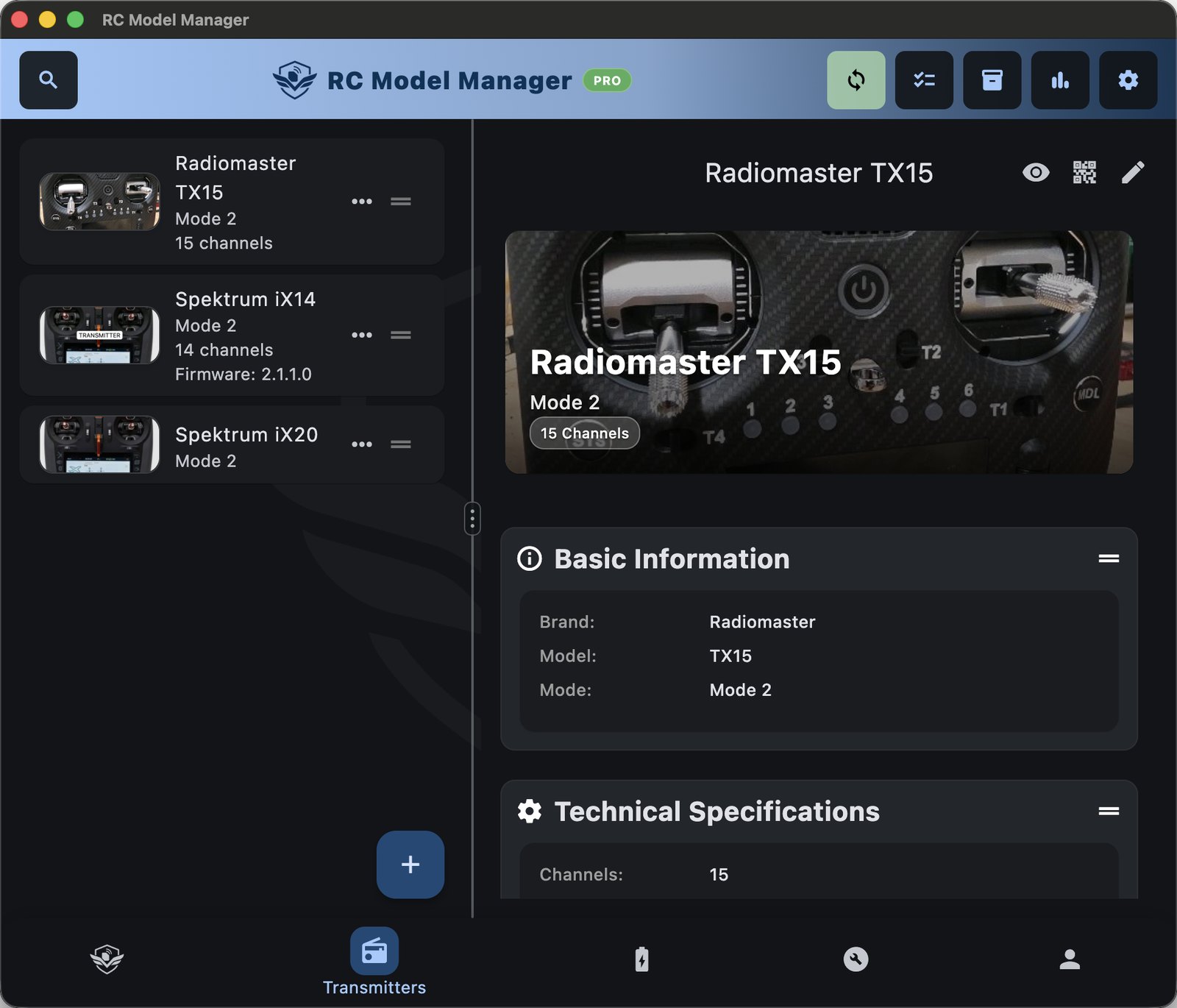 Desktop: transmitter details and specifications (dark theme)
