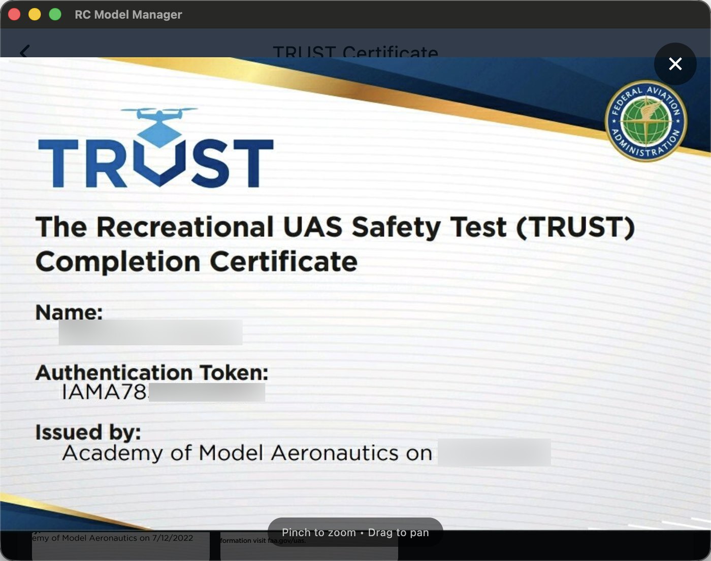 TRUST certificate opened full-size from the app